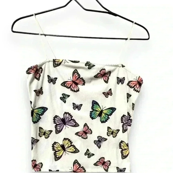 Faded Rose White Cord Spaghetti Strap Y2K MultiColor Butterfly print Crop Tank - Picture 2 of 15